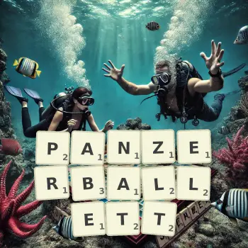 Kreative Illustration für ein Scrabble-Spiel, bei dem das Wort PANZERBALLETT mit Steinen auf dem Brett gelegt wurde.