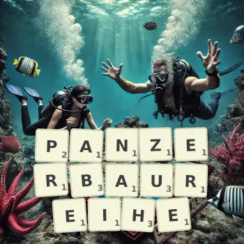 Kreative Illustration für ein Scrabble-Spiel, bei dem das Wort PANZERBAUREIHE mit Steinen auf dem Brett gelegt wurde.