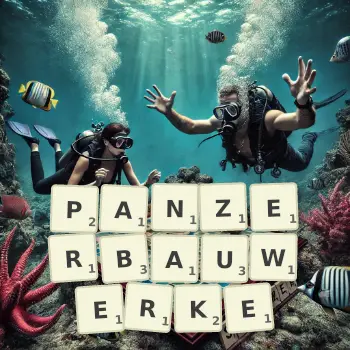 Kreative Illustration für ein Scrabble-Spiel, bei dem das Wort PANZERBAUWERKE mit Steinen auf dem Brett gelegt wurde.