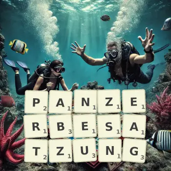 Kreative Illustration für ein Scrabble-Spiel, bei dem das Wort PANZERBESATZUNG mit Steinen auf dem Brett gelegt wurde.