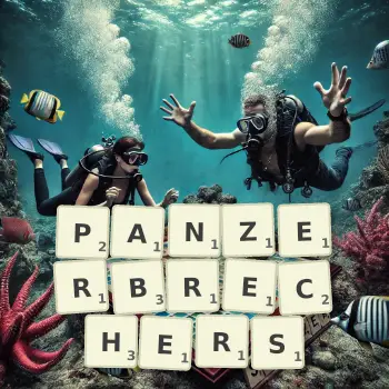 Kreative Illustration für ein Scrabble-Spiel, bei dem das Wort PANZERBRECHERS mit Steinen auf dem Brett gelegt wurde.