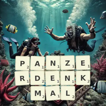 Kreative Illustration für ein Scrabble-Spiel, bei dem das Wort PANZERDENKMAL mit Steinen auf dem Brett gelegt wurde.