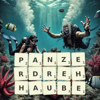 Kreative Illustration für ein Scrabble-Spiel, bei dem das Wort PANZERDREHHAUBE mit Steinen auf dem Brett gelegt wurde.