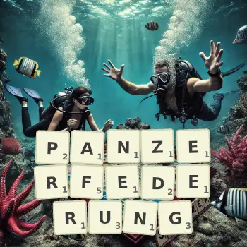 Kreative Illustration für ein Scrabble-Spiel, bei dem das Wort PANZERFEDERUNG mit Steinen auf dem Brett gelegt wurde.