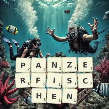 Kreative Illustration für ein Scrabble-Spiel, bei dem das Wort PANZERFISCHEN mit Steinen auf dem Brett gelegt wurde.