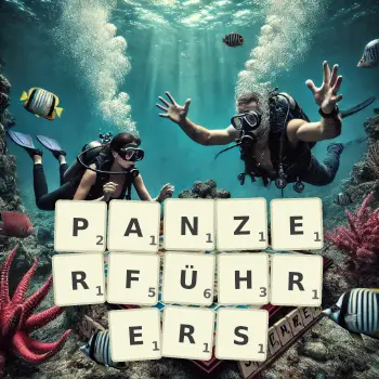 Kreative Illustration für ein Scrabble-Spiel, bei dem das Wort PANZERFÜHRERS mit Steinen auf dem Brett gelegt wurde.