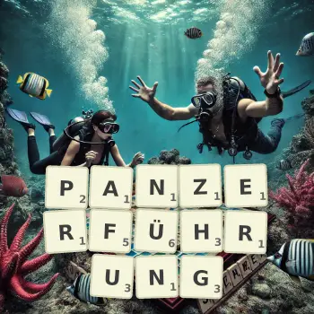 Kreative Illustration für ein Scrabble-Spiel, bei dem das Wort PANZERFÜHRUNG mit Steinen auf dem Brett gelegt wurde.