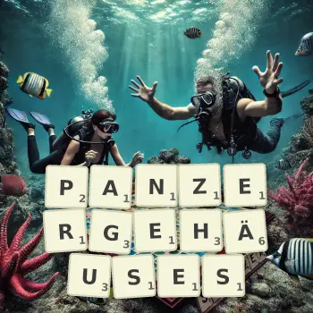 Kreative Illustration für ein Scrabble-Spiel, bei dem das Wort PANZERGEHÄUSES mit Steinen auf dem Brett gelegt wurde.