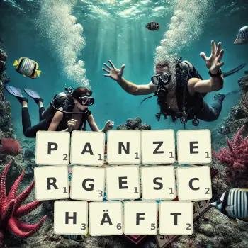 Kreative Illustration für ein Scrabble-Spiel, bei dem das Wort PANZERGESCHÄFT mit Steinen auf dem Brett gelegt wurde.