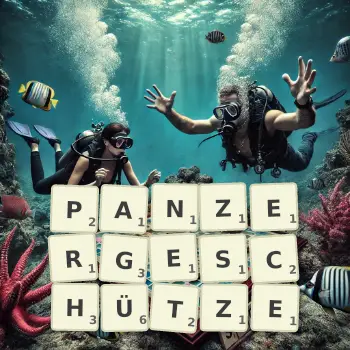 Kreative Illustration für ein Scrabble-Spiel, bei dem das Wort PANZERGESCHÜTZE mit Steinen auf dem Brett gelegt wurde.