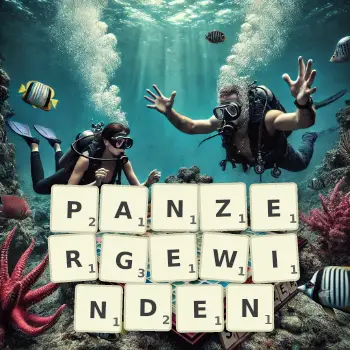 Kreative Illustration für ein Scrabble-Spiel, bei dem das Wort PANZERGEWINDEN mit Steinen auf dem Brett gelegt wurde.
