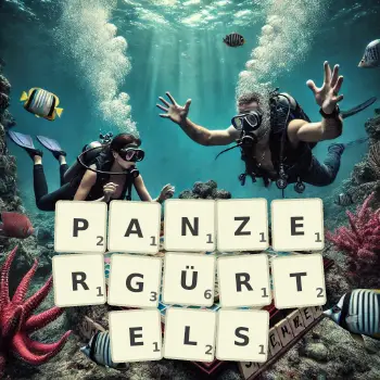 Kreative Illustration für ein Scrabble-Spiel, bei dem das Wort PANZERGÜRTELS mit Steinen auf dem Brett gelegt wurde.