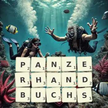 Kreative Illustration für ein Scrabble-Spiel, bei dem das Wort PANZERHANDBUCHS mit Steinen auf dem Brett gelegt wurde.