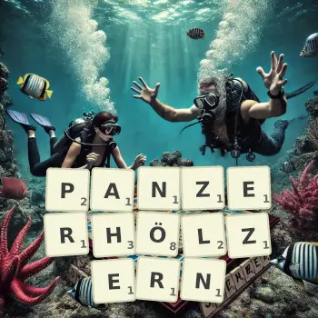 Kreative Illustration für ein Scrabble-Spiel, bei dem das Wort PANZERHÖLZERN mit Steinen auf dem Brett gelegt wurde.