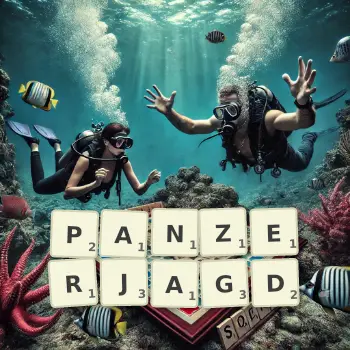 Kreative Illustration für ein Scrabble-Spiel, bei dem das Wort PANZERJAGD mit Steinen auf dem Brett gelegt wurde.