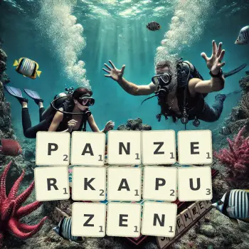 Kreative Illustration für ein Scrabble-Spiel, bei dem das Wort PANZERKAPUZEN mit Steinen auf dem Brett gelegt wurde.