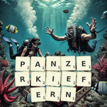 Kreative Illustration für ein Scrabble-Spiel, bei dem das Wort PANZERKIEFERN mit Steinen auf dem Brett gelegt wurde.
