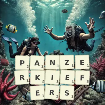 Kreative Illustration für ein Scrabble-Spiel, bei dem das Wort PANZERKIEFERS mit Steinen auf dem Brett gelegt wurde.