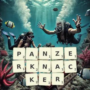 Kreative Illustration für ein Scrabble-Spiel, bei dem das Wort PANZERKNACKER mit Steinen auf dem Brett gelegt wurde.