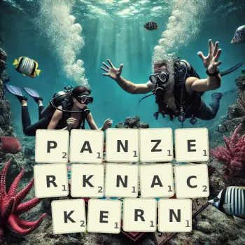 Kreative Illustration für ein Scrabble-Spiel, bei dem das Wort PANZERKNACKERN mit Steinen auf dem Brett gelegt wurde.