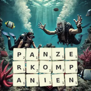 Kreative Illustration für ein Scrabble-Spiel, bei dem das Wort PANZERKOMPANIEN mit Steinen auf dem Brett gelegt wurde.