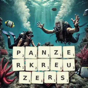 Kreative Illustration für ein Scrabble-Spiel, bei dem das Wort PANZERKREUZERS mit Steinen auf dem Brett gelegt wurde.