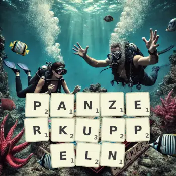 Kreative Illustration für ein Scrabble-Spiel, bei dem das Wort PANZERKUPPELN mit Steinen auf dem Brett gelegt wurde.