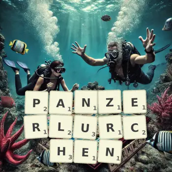 Kreative Illustration für ein Scrabble-Spiel, bei dem das Wort PANZERLURCHEN mit Steinen auf dem Brett gelegt wurde.