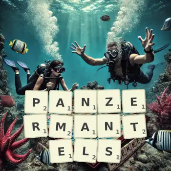 Kreative Illustration für ein Scrabble-Spiel, bei dem das Wort PANZERMANTELS mit Steinen auf dem Brett gelegt wurde.
