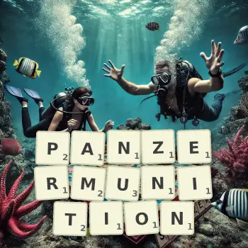 Kreative Illustration für ein Scrabble-Spiel, bei dem das Wort PANZERMUNITION mit Steinen auf dem Brett gelegt wurde.