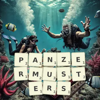 Kreative Illustration für ein Scrabble-Spiel, bei dem das Wort PANZERMUSTERS mit Steinen auf dem Brett gelegt wurde.