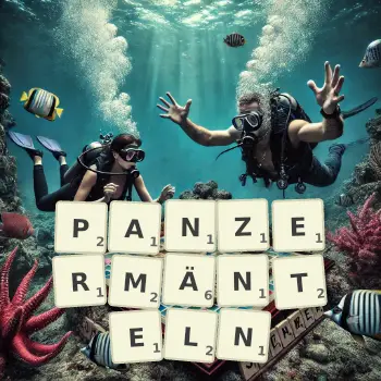 Kreative Illustration für ein Scrabble-Spiel, bei dem das Wort PANZERMÄNTELN mit Steinen auf dem Brett gelegt wurde.