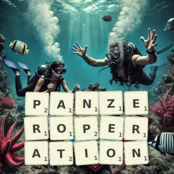 Kreative Illustration für ein Scrabble-Spiel, bei dem das Wort PANZEROPERATION mit Steinen auf dem Brett gelegt wurde.