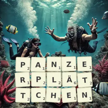 Kreative Illustration für ein Scrabble-Spiel, bei dem das Wort PANZERPLÄTTCHEN mit Steinen auf dem Brett gelegt wurde.