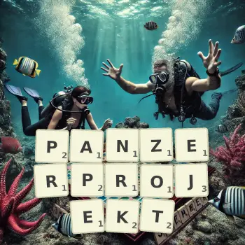 Kreative Illustration für ein Scrabble-Spiel, bei dem das Wort PANZERPROJEKT mit Steinen auf dem Brett gelegt wurde.