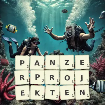 Kreative Illustration für ein Scrabble-Spiel, bei dem das Wort PANZERPROJEKTEN mit Steinen auf dem Brett gelegt wurde.