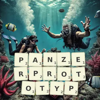 Kreative Illustration für ein Scrabble-Spiel, bei dem das Wort PANZERPROTOTYP mit Steinen auf dem Brett gelegt wurde.