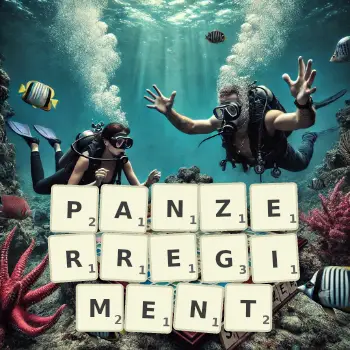 Kreative Illustration für ein Scrabble-Spiel, bei dem das Wort PANZERREGIMENT mit Steinen auf dem Brett gelegt wurde.
