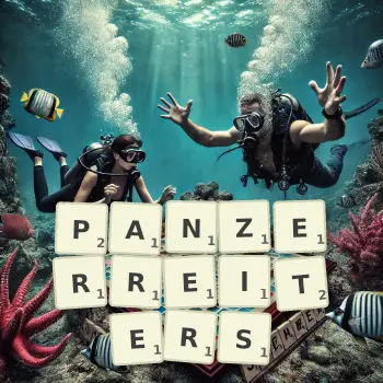 Kreative Illustration für ein Scrabble-Spiel, bei dem das Wort PANZERREITERS mit Steinen auf dem Brett gelegt wurde.