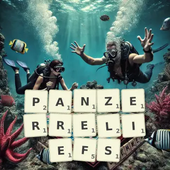 Kreative Illustration für ein Scrabble-Spiel, bei dem das Wort PANZERRELIEFS mit Steinen auf dem Brett gelegt wurde.