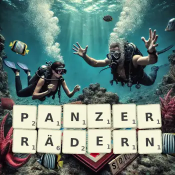 Kreative Illustration für ein Scrabble-Spiel, bei dem das Wort PANZERRÄDERN mit Steinen auf dem Brett gelegt wurde.