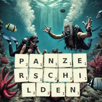Kreative Illustration für ein Scrabble-Spiel, bei dem das Wort PANZERSCHILDEN mit Steinen auf dem Brett gelegt wurde.