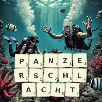 Kreative Illustration für ein Scrabble-Spiel, bei dem das Wort PANZERSCHLACHT mit Steinen auf dem Brett gelegt wurde.