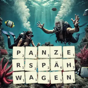 Kreative Illustration für ein Scrabble-Spiel, bei dem das Wort PANZERSPÄHWAGEN mit Steinen auf dem Brett gelegt wurde.