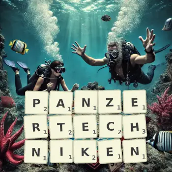 Kreative Illustration für ein Scrabble-Spiel, bei dem das Wort PANZERTECHNIKEN mit Steinen auf dem Brett gelegt wurde.