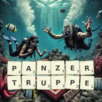 Kreative Illustration für ein Scrabble-Spiel, bei dem das Wort PANZERTRUPPE mit Steinen auf dem Brett gelegt wurde.