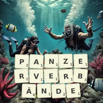 Kreative Illustration für ein Scrabble-Spiel, bei dem das Wort PANZERVERBÄNDE mit Steinen auf dem Brett gelegt wurde.