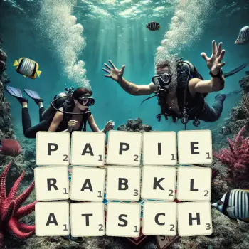 Kreative Illustration für ein Scrabble-Spiel, bei dem das Wort PAPIERABKLATSCH mit Steinen auf dem Brett gelegt wurde.