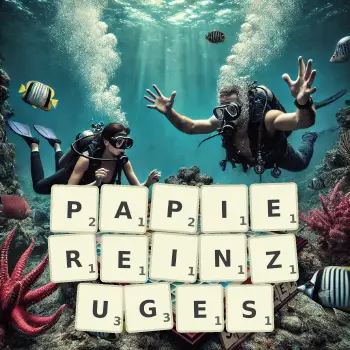 Kreative Illustration für ein Scrabble-Spiel, bei dem das Wort PAPIEREINZUGES mit Steinen auf dem Brett gelegt wurde.