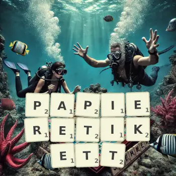 Kreative Illustration für ein Scrabble-Spiel, bei dem das Wort PAPIERETIKETT mit Steinen auf dem Brett gelegt wurde.